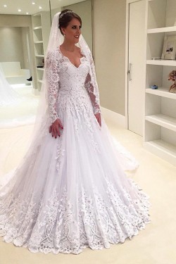 A-Line Long Sleeves Lace Wedding Dresses Bridal Gowns 3030242
