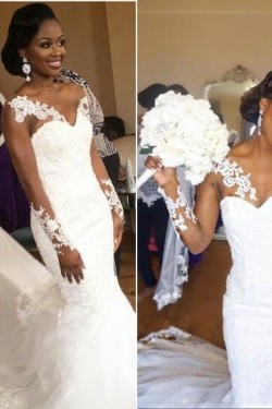 Long Sleeves Lace Mermaid Sheer Wedding Dresses Bridal Gowns 3030245