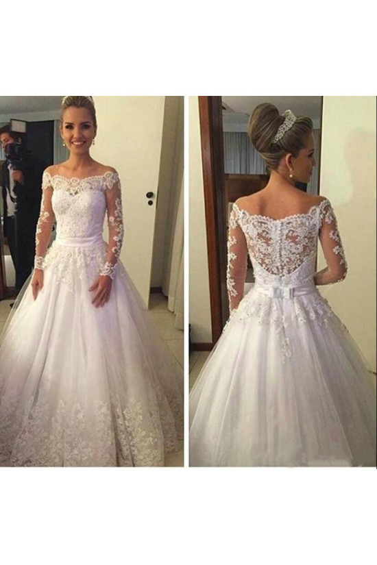 A-Line Long Sleeves Off-the-Shoulder Lace Wedding Dresses Bridal Gowns 3030249