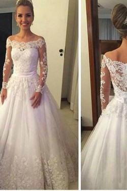 A-Line Long Sleeves Off-the-Shoulder Lace Wedding Dresses Bridal Gowns 3030249