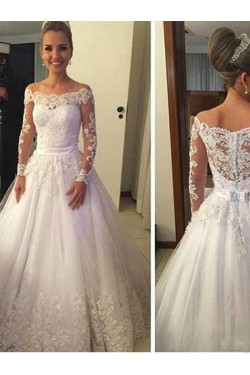 A-Line Long Sleeves Off-the-Shoulder Lace Wedding Dresses Bridal Gowns 3030249