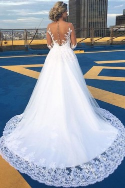 A-Line Long Sleeves Lace Illusion Bodice Wedding Dresses Bridal Gowns 3030256