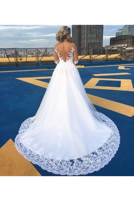 A-Line Long Sleeves Lace Illusion Bodice Wedding Dresses Bridal Gowns 3030256