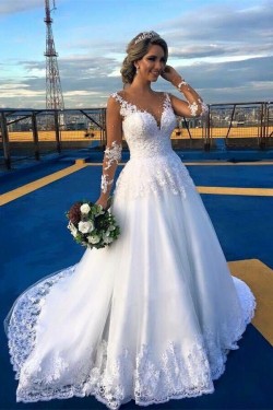 A-Line Long Sleeves Lace Illusion Bodice Wedding Dresses Bridal Gowns 3030256