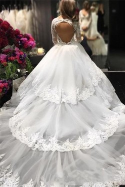 Long Sleeves Lace V-Neck Keyhole Back Wedding Dresses Bridal Gowns 3030258