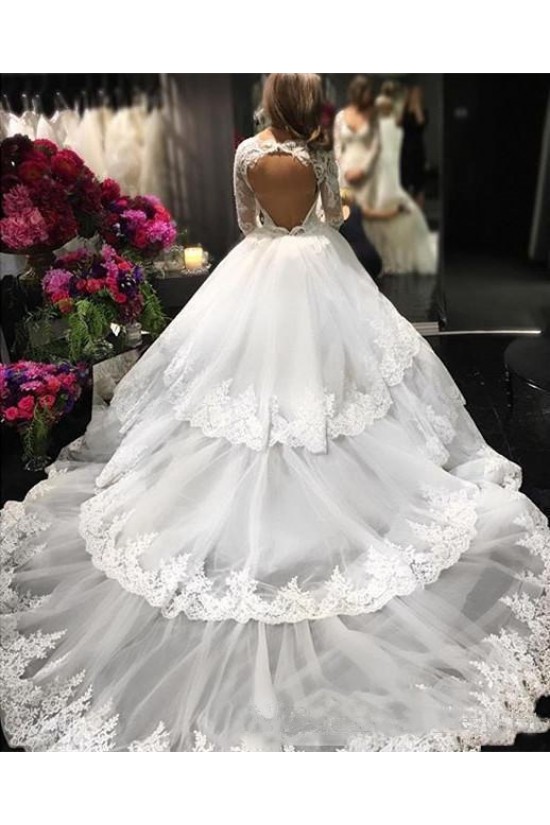 Long Sleeves Lace V-Neck Keyhole Back Wedding Dresses Bridal Gowns 3030258