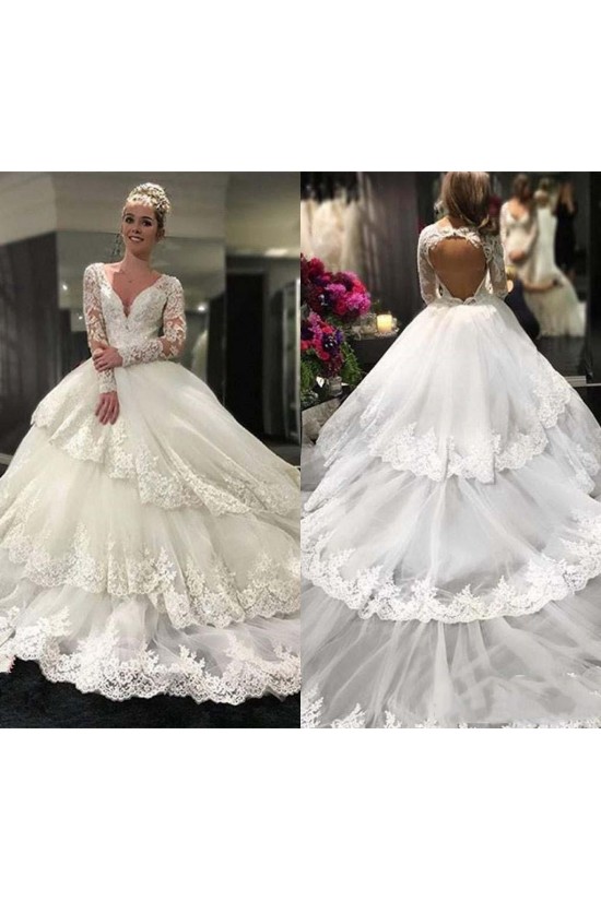 Long Sleeves Lace V-Neck Keyhole Back Wedding Dresses Bridal Gowns 3030258
