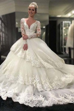 Long Sleeves Lace V-Neck Keyhole Back Wedding Dresses Bridal Gowns 3030258