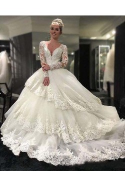 Long Sleeves Lace V-Neck Keyhole Back Wedding Dresses Bridal Gowns 3030258