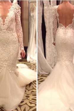 Sexy Long Sleeves Low V-Neck Open Back Wedding Dresses Bridal Gowns 3030260