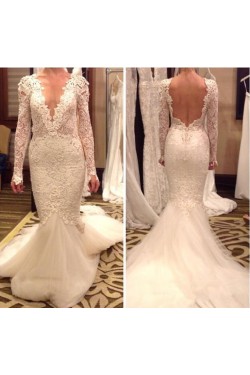 Sexy Long Sleeves Low V-Neck Open Back Wedding Dresses Bridal Gowns 3030260