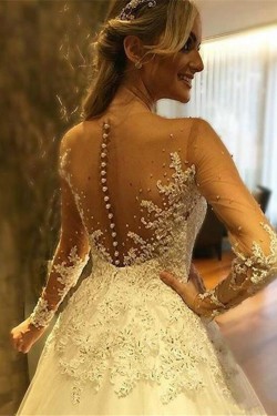 A-Line Long Sleeves Lace Sheer Wedding Dresses Bridal Gowns 3030262