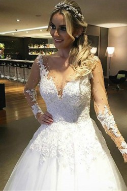 A-Line Long Sleeves Lace Sheer Wedding Dresses Bridal Gowns 3030262