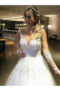A-Line Long Sleeves Lace Sheer Wedding Dresses Bridal Gowns 3030262