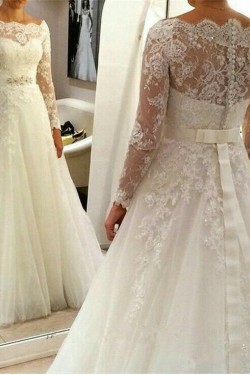 A-Line Long Sleeves Lace Off the Shoulder Wedding Dresses Bridal Gowns 3030263