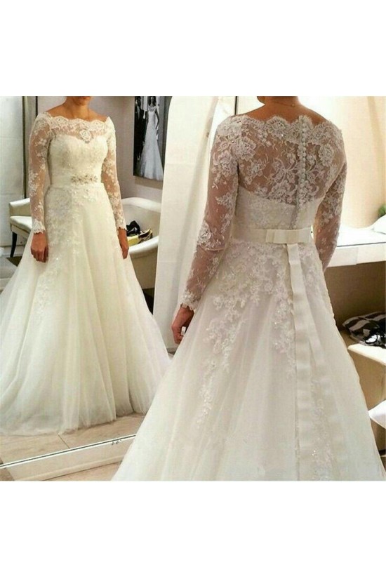 A-Line Long Sleeves Lace Off the Shoulder Wedding Dresses Bridal Gowns 3030263