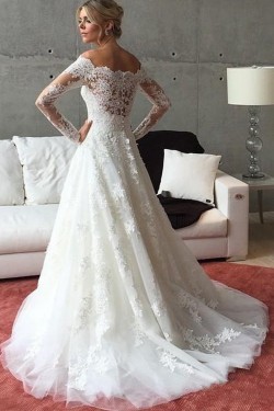 A-Line Long Sleeves Lace Off the Shoulder Wedding Dresses Bridal Gowns 3030264