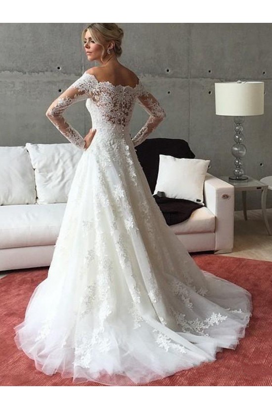 A-Line Long Sleeves Lace Off the Shoulder Wedding Dresses Bridal Gowns 3030264