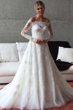 A-Line Long Sleeves Lace Off the Shoulder Wedding Dresses Bridal Gowns 3030264