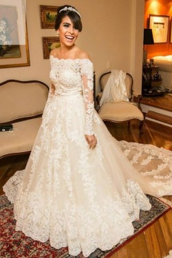 A-Line Long Sleeves Lace Off the Shoulder Wedding Dresses Bridal Gowns 3030265