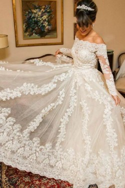 A-Line Long Sleeves Lace Off the Shoulder Wedding Dresses Bridal Gowns 3030265