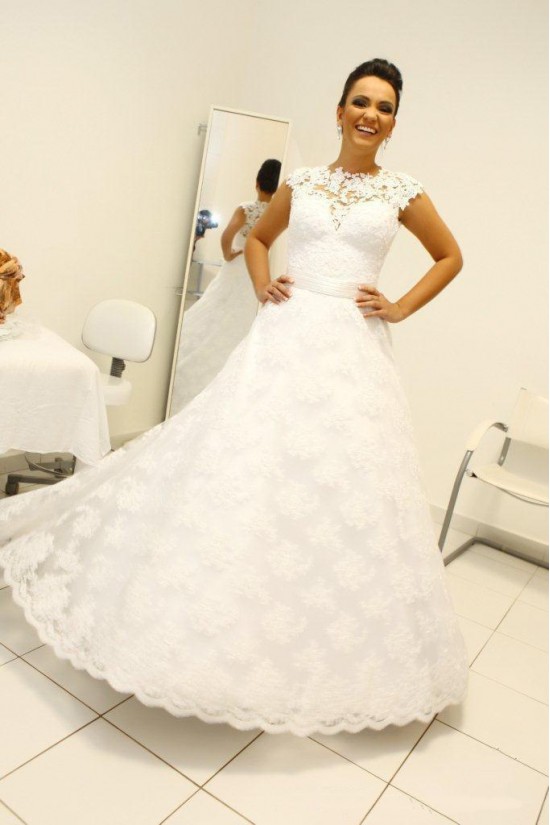 A-Line Jewel Neckline Lace Sleeveless Wedding Dresses Bridal Gowns 3030266