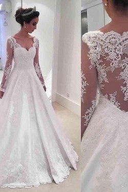 A-Line Long Sleeves Lace Wedding Dresses Bridal Gowns 3030273