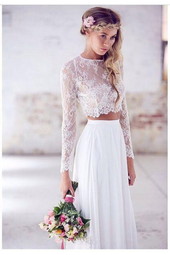 Long Sleeves Lace Chiffon Two Pieces Wedding Dresses Bridal Gowns 3030274