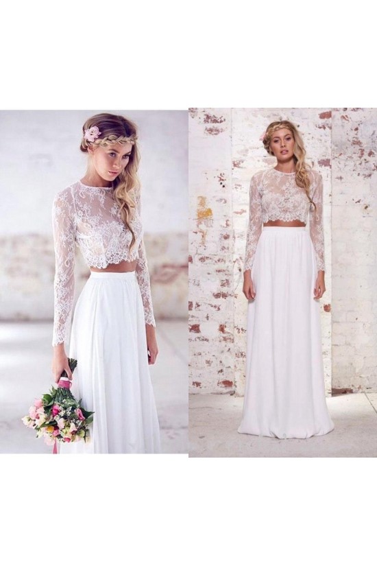 Long Sleeves Lace Chiffon Two Pieces Wedding Dresses Bridal Gowns 3030274