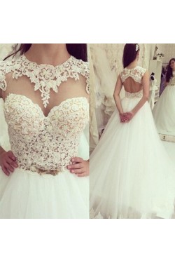 A-Line Lace Tulle Sleeveless Wedding Dresses Bridal Gowns 3030288