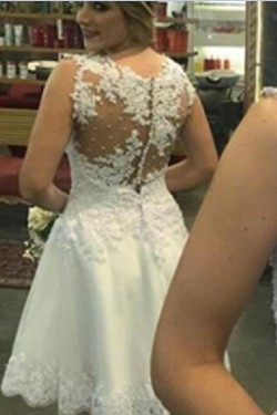 A-Line Short Illusion Neckline Lace Wedding Dresses Bridal Gowns 3030290