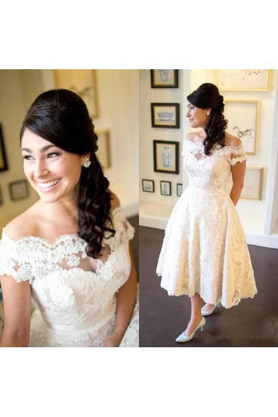 A-Line Lace Off-the-Shoulder Tea Length Wedding Dresses Bridal Gowns 3030292 A-Line Lace Off-the-Shoulder Tea Length Wedding Dresses Bridal Gowns 3030292
