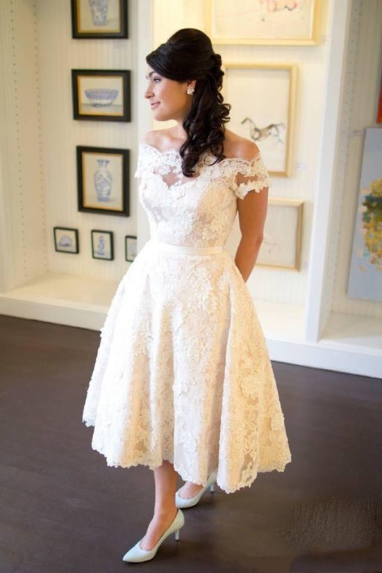 A-Line Lace Off-the-Shoulder Tea Length Wedding Dresses Bridal Gowns 3030292 A-Line Lace Off-the-Shoulder Tea Length Wedding Dresses Bridal Gowns 3030292