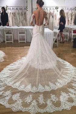 Long Sleeves Lace Mermaid Illusion Bodice Wedding Dresses Bridal Gowns 3030293