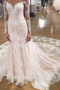 Long Sleeves Lace Mermaid Illusion Bodice Wedding Dresses Bridal Gowns 3030293