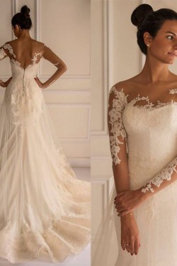 Long Sleeves Lace Mermaid Illusion Bodice Wedding Dresses Bridal Gowns 3030294