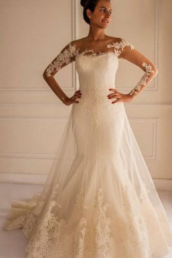 Long Sleeves Lace Mermaid Illusion Bodice Wedding Dresses Bridal Gowns 3030294