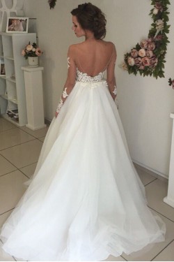 Long Sleeves Lace Illusion Neckline Wedding Dresses Bridal Gowns 3030300