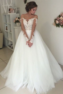 Long Sleeves Lace Illusion Neckline Wedding Dresses Bridal Gowns 3030300