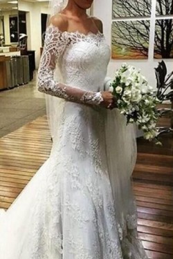 Long Sleeves Lace Off-the-Shoulder Mermaid Wedding Dresses Bridal Gowns 3030302