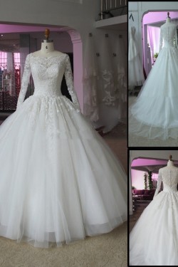 Bateau Neckline Long Sleeves Lace Wedding Dresses Bridal Gowns 3030304