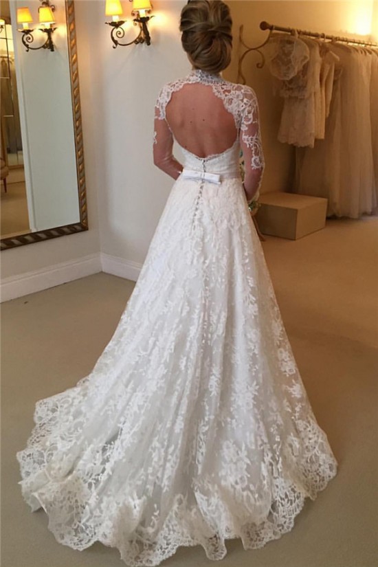 High Neck Long Sleeves Lace Keyhole Back Wedding Dresses Bridal Gowns 3030306 High Neck Long Sleeves Lace Keyhole Back Wedding Dresses Bridal Gowns 3030306
