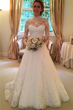 High Neck Long Sleeves Lace Keyhole Back Wedding Dresses Bridal Gowns 3030306
