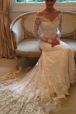 Lace Long Sleeves Off-the-Shoulder V-Neck Mermaid Wedding Dresses Bridal Gowns 3030312