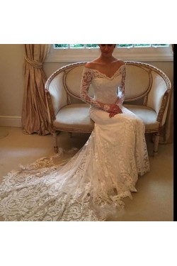 Lace Long Sleeves Off-the-Shoulder V-Neck Mermaid Wedding Dresses Bridal Gowns 3030312