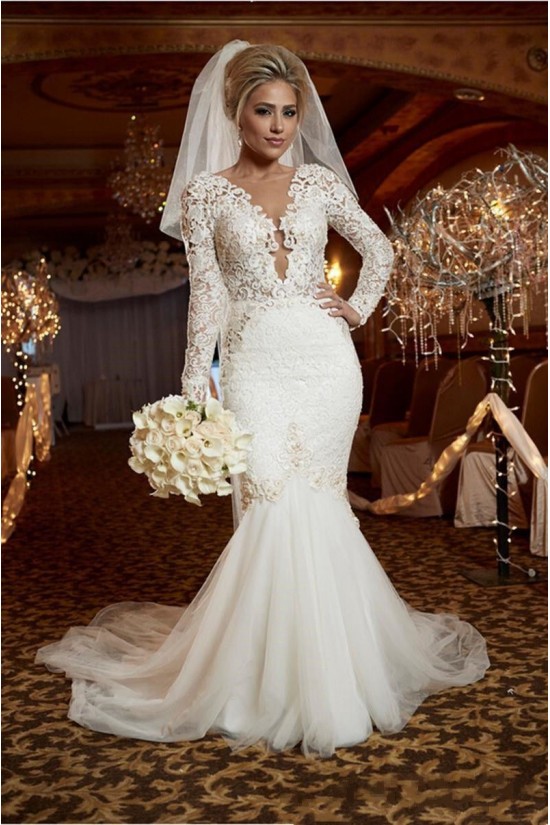 Sexy Mermaid Long Sleeves Lace Wedding Dresses Bridal Gowns 3030321